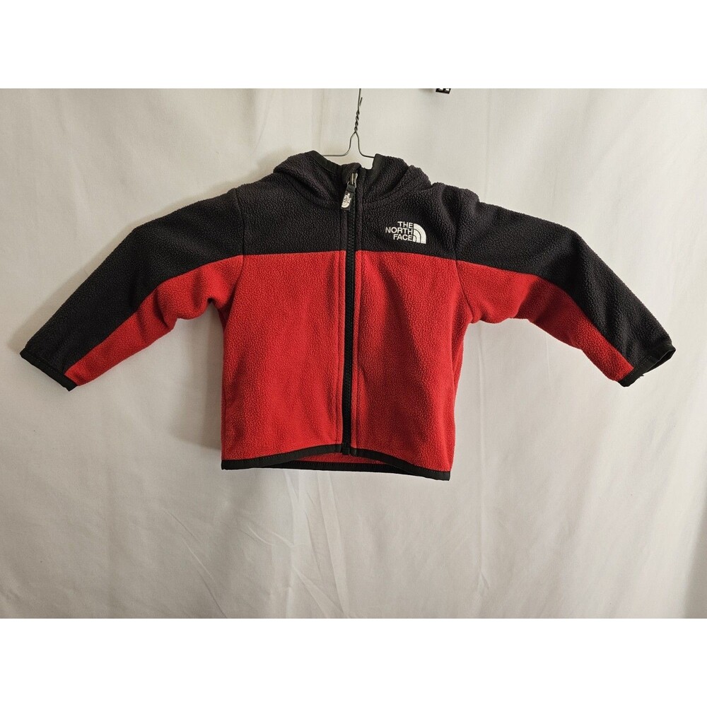 North Face Infant Fleece Jacket Red Black Hooded Zip Baby 6 12 Months